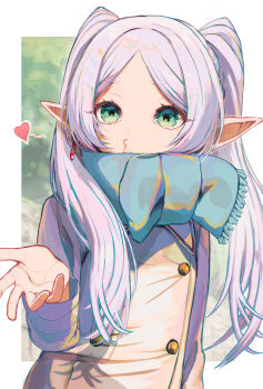 1girl absurdres blowing_kiss commentary_request elf frieren frieren_blowing_a_kiss green_eyes highres inoshishi969 jacket long_hair pointy_ears puckered_lips scarf solo sousou_no_frieren twintails white_hair