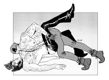 2boys abs arm_hair ass boots chest_hair collar commentary corin_m_howell couple deadpool deadpool_(series) denim ear_piercing english_commentary facial_hair gloves hairy highres jeans leash leash_pull leather leather_pants male_focus marvel mask mask_lift mouth_hold multiple_boys muscular muscular_male nipple_piercing nipples pants pectorals piercing scar scars_all_over short_hair teeth thigh_grab too_many topless_female topless_male wolverine_(x-men) x-men yaoi