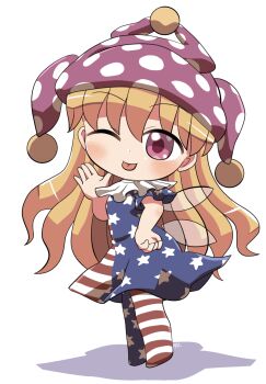 1girl american_flag american_flag_print blonde_hair blush chibi chibi_only closed_mouth clownpiece commentary_request dress fairy_wings flag_print full_body hand_up hat highres jester_cap long_hair looking_at_viewer neck_ruff no_shoes one_eye_closed pantyhose pink_eyes pink_hat polka_dot_headwear print_dress print_pantyhose rokugou_daisuke short_sleeves signature simple_background smile solo standing star_(symbol) star_print striped_clothes striped_dress striped_pantyhose touhou very_long_hair white_background wings