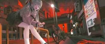 1girl :d absurdres bicycle black_mask black_nails black_ribbon black_skirt blue_eyes blue_hair can city commentary_request drink_can energy_drink fangs frilled_shirt frills hair_ornament hair_ribbon hatsune_miku heart heart_hair_ornament highres holding holding_can jirai_kei long_hair mask_pull nail_polish open_mouth outdoors pink_shirt red_sky ribbon shirt skirt sky smile socks solo teeth twintails vampire_(vocaloid) vending_machine very_long_hair vocaloid white_socks yancaowei_naiyoutang