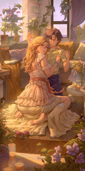 1boy 1girl absurdres barefoot blue_eyes bouquet breasts brown_hair candle curtains dress earrings flower frize_fulei highres indoors jewelry large_breasts layered_dress looking_at_another looking_at_viewer mature_female original pillow pink_flower pink_rose plant potted_plant purple_shorts rose short_hair shorts white_dress white_flower window