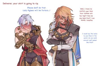 2girls antenna_hair armor arms_under_breasts artist_name black_choker black_pants blonde_hair blue_eyes blush braid breast_tattoo breasts choker cleavage commentary cosplay costume_switch covering_breasts covering_privates cowboy_shot crossed_wrists earrings embarrassed english_commentary english_text full-face_blush gauntlets genderswap genderswap_(mtf) gold_necklace gradient_hair hair_between_eyes honkai:_star_rail honkai_(series) jewelry large_breasts long_hair looking_at_another multicolored_hair multiple_girls mydei_(honkai:_star_rail) mydei_(honkai:_star_rail)_(cosplay) neck_tattoo necklace open_mouth pants pauldrons phainon_(honkai:_star_rail) phainon_(honkai:_star_rail)_(cosplay) red_hair red_tattoo short_hair shoulder_armor side_braid simple_background single_bare_shoulder single_earring single_pauldron sun_symbol sun_tattoo sweat sybssite tan tattoo watermark white_background white_hair yellow_eyes