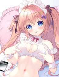 Rule 34 | 1girl, ahoge, blue eyes, blush, bow, bowtie, bra, breasts, cellphone, cleavage, cleavage cutout, clothing cutout, commentary, detached collar, double v, frilled bra, frills, hair bow, hair ornament, hair ribbon, hands on own chest, heart, heart-shaped pillow, heart cutout, highres, light brown hair, long hair, looking at viewer, lying, maid headdress, mikeou, navel, off shoulder, on back, on bed, original, panties, phone, pillow, pink bow, pink bowtie, ribbon, smartphone, smile, solo, strap slip, tongue, tongue out, twintails, underwear, upper body, v, white bra, white panties, wrist cuffs, x hair ornament