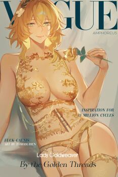 1girl absurdres aglaea_(honkai:_star_rail) alternate_costume bare_shoulders blonde_hair breasts commentary cover english_commentary english_text fake_magazine_cover flower gold_garter_straps gold_panties gold_thighhighs green_eyes hair_flower hair_ornament highres holding holding_flower honkai:_star_rail honkai_(series) large_breasts lingerie magazine_cover smile solo thighs tomodurien underwear vogue_(magazine)