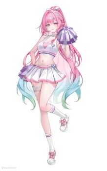 Rule 34 | 1girl, absurdres, alternate costume, alternate hairstyle, aqua hair, breasts, cheerleader, cleavage, commentary request, cyrene (demiurge) (honkai: star rail), cyrene (honkai: star rail), full body, gradient hair, hand up, hasom, highres, holding, holding pom poms, honkai: star rail, honkai (series), kneehighs, long hair, looking at viewer, multicolored hair, navel, parted lips, pink hair, pointy ears, pom pom (cheerleading), pom poms, revision, shoes, simple background, skirt, sleeveless, smile, socks, solo, standing, standing on one leg, stomach, sweat, twitter username, very long hair, white background, white shoes, white skirt, white socks