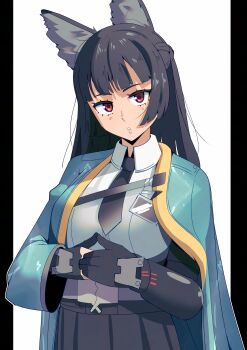 1girl absurdres animal_ear_fluff animal_ears black_border black_gloves black_hair black_necktie black_skirt blunt_bangs border collared_shirt commentary fox_ears fox_girl gjh gloves highres hoshimi_miyabi long_hair looking_at_viewer necktie outside_border parted_lips pillarboxed red_eyes shirt skirt solo upper_body white_background white_shirt zenless_zone_zero