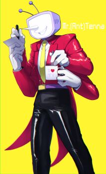 1boy ant_tenna ant_tenna_(beta_design) belt belt_buckle black_pants buckle character_name coffee_mug collared_shirt commentary cowboy_shot crt cup deltarune extra_arms gloves highres holding holding_cup holding_paper holding_pen long_nose male_focus mug multitasking necktie object_head pants paper pen pointy_nose purple_belt shiberagi shirt smile solo tailcoat teeth utdr_(toby_fox) white_gloves white_shirt yellow_necktie