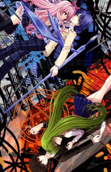 2boys 2girls artist_request blue_hair brown_jacket chaos;head character_request check_artist cigarette collarbone copyright_request d-sword floating_neckwear forg_ttenrain green_hair hetero highres holding holding_cigarette holding_sword holding_weapon jacket long_hair long_sleeves looking_at_viewer miniskirt multiple_boys multiple_girls necktie nishijou_takumi open_clothes open_collar open_jacket pants petticoat pink_eyes pink_hair plaid_clothes plaid_pants plaid_skirt purple_pants purple_skirt ribbon sakihata_rimi sayonara_wo_oshiete school_emblem school_uniform science_adventure short_hair sideways_glance skirt smile suimei_academy_school_uniform sword very_long_hair weapon