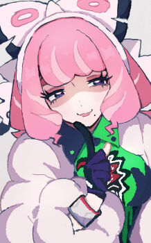 1girl bow bracelet breasts collared_shirt drill_hair drill_sidelocks dynamax_band eyeshadow flipped_hair fur_jacket hair_bow hairband half-closed_eyes highres jacket jewelry klara_(pokemon) makeup mole mole_under_mouth nintendo pink_eyeshadow pink_hair pink_lips pokemon pokemon_swsh print_shirt purple_eyes shaded_face shirt short_hair sidelocks smile solo two-tone_shirt upper_body user_rvny3882 white_bow white_hairband