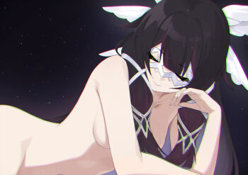1girl absurdres breasts chromatic_aberration closed_eyes closed_mouth columbina_(genshin_impact) commentary completely_nude dy_kai eye_mask facing_viewer genshin_impact gradient_hair hair_ornament hand_up heavy_chromatic_aberration highres long_hair lying mask medium_breasts multicolored_hair nude on_side purple_hair sky solo star_(sky) starry_sky wing_hair_ornament