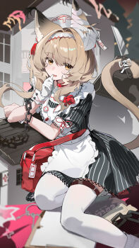 1girl absurdres animal_ears apron arknights black_dress blonde_hair cat_ears cat_girl cat_tail dress gloves haze_(arknights) haze_(the_nursing_home_creepshow)_(arknights) highres knife official_alternate_costume open_mouth solo tail teketi thighhighs white_apron white_gloves white_thighhighs white_wrist_cuffs wrist_cuffs yellow_eyes