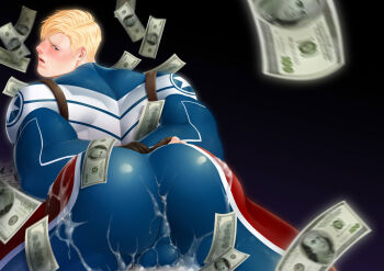 1boy arms_behind_back ass back banknote bara blonde_hair blue_bodysuit blush bodysuit bound bound_wrists bulge captain_america captain_america_(series) cum cum_on_ass cum_on_body cum_on_clothes dollar_bill falling_money looking_back male_focus marvel money multicolored_bodysuit muscular muscular_male mxsxe open_mouth red_bodysuit short_hair solo steve_rogers white_bodysuit yaoi