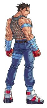 1boy absurdres ankle_wrap belt blue_pants burning_batsu clenched_hands edaki_shin&#039;ya fingerless_gloves full_body game_cg gloves highres ichimonji_batsu justice_gakuen leg_wrap looking_at_viewer looking_back male_focus mesh moero!_justice_gakuen multicolored_hair non-web_source official_art pants red_gloves scar scar_on_arm scar_on_face scar_on_forehead scar_on_shoulder shoes simple_background sleeveless smile sneakers solo standing veins veiny_arms veiny_hands white_background