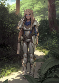 1girl :| arm_at_side armor armored_boots blonde_hair blue_eyes blue_sky blush book boots borrowed_character breastplate bush closed_mouth cloud crotch_plate day elf expressionless eyebrows faulds female_focus forest full_armor full_body gauntlets grass greaves hand_in_own_hair hand_up high_elf highres i0525 leaf light_blush long_hair long_pointy_ears looking_at_viewer nature outdoors path pauldrons pigeon-toed plant pointy_ears road shade shoulder_armor sky solo standing sunlight tree tree_shade tucking_hair warcraft