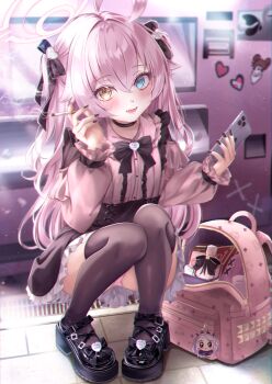 Rule 34 | 1girl, absurdres, ahoge, alternate costume, alternate hairstyle, arashiomoto, backpack, bag, black bow, black bowtie, black ribbon, blue archive, bow, bowtie, character doll, cigarette, commentary request, doll, frilled shirt, frills, full body, halo, heterochromia, high-waist skirt, highres, hina (blue archive), holding, holding cigarette, holding phone, hoshino (blue archive), huge ahoge, jirai kei, long hair, o-ring, o-ring thigh strap, panties, pantyshot, phone, pink bag, pink hair, pink halo, pink shirt, ribbon, shirt, skirt, smoking, solo, squatting, suspender skirt, suspenders, thigh strap, two side up, underwear, vending machine, white panties