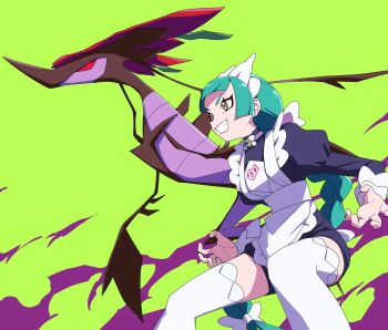 1girl apron black_romper blunt_bangs bow bowtie braid braided_ponytail breasts colored_sclera dragalge gen_6_pokemon green_hair highres juliet_sleeves leafy_seadragon lebanne_(pokemon) long_braid long_hair long_sleeves maid maid_apron maid_headdress medium_breasts mega_dragalge mega_stone nintendo pink_lips pokemon pokemon_(creature) pokemon_legends:_z-a puffy_sleeves red_sclera romper slit_pupils smile spread_legs thighhighs tsurime v-shaped_eyebrows v-shaped_eyes white_bow white_bowtie white_thighhighs yachima_tana