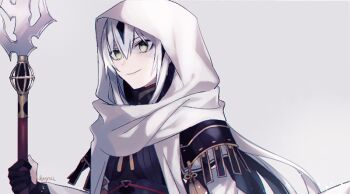 1girl armor black_gloves black_hair breasts closed_mouth fate/grand_order fate_(series) gloves hair_between_eyes holding holding_polearm holding_weapon hood hood_up japanese_armor katagiri_(mighty_swing) long_hair long_sleeves looking_afar multicolored_hair nagao_kagetora_(fate) partially_fingerless_gloves polearm shoulder_armor simple_background small_breasts smile sode solo streaked_hair tassel twitter_username upper_body weapon white_background white_hair white_hood yellow_eyes