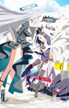 2girls absurdres animal_ears black_boots black_dress black_gloves black_horns black_shoes black_skirt blue_archive blue_halo bm_tol boots breasts broken_halo coat commentary cross cross_hair_ornament demon_girl demon_horns dress extra_ears gloves grey_hair hair_ornament hairclip halo high_heels highres hina_(blue_archive) horns inverted_cross jacket large_breasts long_hair long_sleeves miniskirt multiple_girls outdoors parallel_hairclips pencil_skirt purple_halo purple_jacket purple_thighhighs shiroko_terror_(blue_archive) shoes side_slit skirt thighhighs unworn_coat white_hair wolf wolf_ears wolf_girl