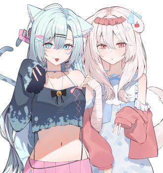 2girls absurdres animal_ears bandaged_arm bandages bare_shoulders blue_choker blue_eyes blue_hair blue_shirt breasts cat_ears cat_girl cat_tail choker closed_mouth commission crop_top crop_top_overhang dog_ears dog_girl dog_tail dress highres jacket locked_arms long_hair long_sleeves looking_at_viewer medium_breasts midriff mismatched_pupils multicolored_hair multiple_girls navel off-shoulder_shirt off_shoulder original parted_lips red_eyes red_jacket shirt simple_background sleeveless sleeveless_dress smile stomach streaked_hair suspenders tail talnory tongue tongue_out upper_body white_background white_dress white_hair