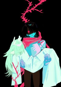 Rule 34 | 1girl, 1other, antlers, armor, bkbkbkt, black background, black hair, blue skin, cape, carrying, carrying person, chinese commentary, colored skin, commentary, deer antlers, deer girl, deltarune, gloves, green hair, hair over one eye, highres, horns, kris (dark world) (deltarune), kris (deltarune), long hair, noelle holiday, noelle holiday (dark world), open mouth, plant, red cape, red eyes, robe, short hair, side cape, thorns, utdr (toby fox), vines, weird route (deltarune), white robe