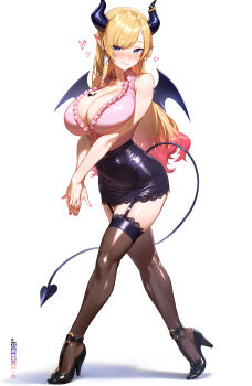 1girl absurdres black_horns black_shoes black_skirt black_thighhighs blonde_hair blue_eyes blush breast_tattoo breasts center_frills cleavage closed_mouth collared_shirt covered_navel demon_girl demon_horns demon_tail demon_wings frilled_shirt frills full_body garter_straps gradient_hair hair_ribbon heart highres hololive horn_ornament horn_ring horns lace lace-trimmed_skirt lace-trimmed_thighhighs lace_trim large_breasts long_hair looking_at_viewer maro2ki3 miniskirt multicolored_hair nail_polish pencil_skirt pink_hair pink_shirt pointy_ears ribbon shirt shirt_tucked_in shoes single_sidelock skirt sleeveless sleeveless_shirt smile solo strappy_heels swept_bangs tail tattoo thighhighs tress_ribbon virtual_youtuber winged_heart winged_heart_tattoo wings yuzuki_choco yuzuki_choco_(1st_costume)