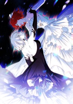 2girls absurdres back backless_dress backless_outfit bare_shoulders black_dress black_gloves choker chromatic_aberration clam_shell closed_eyes closed_mouth collarbone commentary dancing dress earrings easel_(dam0628) elbow_gloves english_commentary facing_another fate/grand_order fate_(series) frilled_dress frills fujimaru_ritsuka_(female) gloves hand_on_another's_back highres holding_hands interlocked_fingers jeanne_d'arc_alter_(fate) jewelry lens_flare looking_at_another multiple_girls open_mouth orange_hair smile strapless strapless_dress underlighting white_dress white_gloves white_hair yellow_eyes