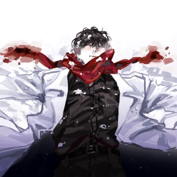 1boy absurdres belt black_eyes black_hair black_shirt blush breath coat collared_shirt highres kim_dokja lp_(sangkuranak) lying male_focus omniscient_reader&#039;s_viewpoint on_back open_clothes open_coat outstretched_arms parted_lips pov red_scarf scarf shirt short_hair snow snowing solo white_coat