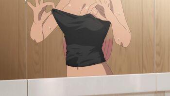 1girl 2022 20s animated animated_gif bare_shoulders black_shirt blonde_hair breasts cleavage collarbone dark-skinned_female dark_skin gyaru kitagawa_marin large_breasts long_hair looking_down navel no_bra red_eyes shirt sidelocks solo sono_bisque_doll_wa_koi_wo_suru sweat tagme tan