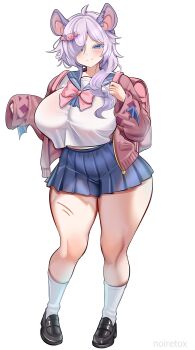 1girl absurdres animal_ears artist_name backpack bag bat_ears bat_girl bat_hair_ornament blue_eyes blue_skirt blush bow breasts cardigan crop_top earrings hair_ornament hair_over_one_eye hair_over_shoulder highres huge_breasts jewelry long_hair midriff_peek noiretox one_eye_covered open_cardigan open_clothes original pigeon-toed pink_bow pink_cardigan purple_hair randoseru sailor_collar scar scar_on_leg school_uniform shirt shoes skirt sleeves_past_wrists smile socks solo standing thick_thighs thighs white_background white_shirt wide_hips