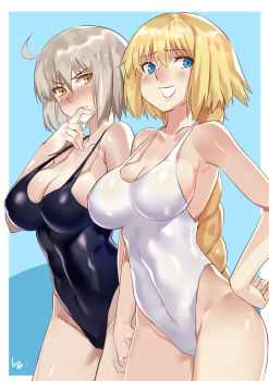 2girls ahoge bad_id bad_pixiv_id bare_shoulders black_one-piece_swimsuit blonde_hair blue_background blush braid breasts brown_eyes cleavage club3 cowboy_shot embarrassed fate/grand_order fate_(series) from_side frown hair_between_eyes hand_on_own_hip highleg highleg_one-piece_swimsuit highres holding_hands interlocked_fingers jeanne_d'arc_(fate) jeanne_d'arc_(ruler)_(fate) jeanne_d'arc_alter_(avenger)_(fate) jeanne_d'arc_alter_(fate) large_breasts long_hair multiple_girls one-piece_swimsuit outside_border raised_eyebrow raised_eyebrows short_hair side-by-side silver_hair simple_background single_braid skin_tight smile smug swimsuit v-shaped_eyebrows very_long_hair wavy_mouth white_one-piece_swimsuit