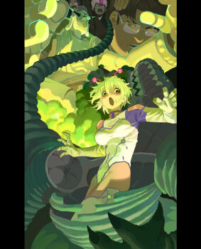1girl 3boys absurdres alien alternate_form antennae black_border border commentary dandadan enjoji_jin evil_eye_(dandadan) foreshortening glasses gloves green_eyes green_hair green_theme hashtag-only_commentary highres kaiju leotard medium_hair multiple_boys open_mouth outstretched_arms pillarboxed sakata_kinta short_hair spread_arms takakura_ken_(dandadan) thighhighs vamola_(dandadan) white_leotard white_thighhighs