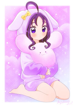 1girl ahoge animal_hood artist_name barefoot closed_mouth commentary full_body holding holding_stuffed_toy hood hood_up hoodie kimi_to_idol_precure kyanos_(b_0000ff) loungewear precure purple_background purple_eyes purple_hair purple_hoodie purple_shorts purple_theme rabbit_hood shigure_kokoro shorts signature sitting solo stuffed_animal stuffed_rabbit stuffed_toy wariza
