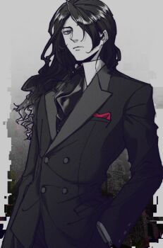 Rule 34 | alucard (castlevania), arikado genya, black hair, black necktie, black suit, buttons, castlevania: aria of sorrow, castlevania (series), formal clothes, grey eyes, hair over one eye, hand in pocket, highres, kelland1986, lapels, long hair, male focus, necktie, pale skin, pocket square, suit