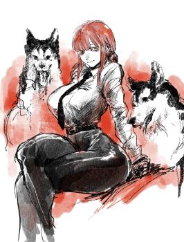 1girl arm_support ass black_necktie black_pants braid braided_ponytail breasts chainsaw_man collared_shirt commentary cropped_legs crossed_legs dog formal_clothes from_side high-waist_pants highres husky large_breasts looking_at_viewer makima_(chainsaw_man) mn90047517 multiple_dogs necktie office_lady pants red_hair ringed_eyes shirt shirt_tucked_in sidelocks sitting sketch solo spot_color thick_thighs thighs yellow_eyes