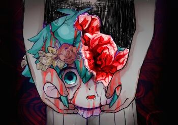 2boys abstract_background bare_arms basil_(headspace)_(omori) basil_(omori) black_background black_shirt blood colored_skin commentary_request cracked_skin double-parted_bangs fingernails flower flower_wreath food fruit green_eyes green_hair guro hair_between_eyes head_wreath highres holding leaf looking_at_viewer male_focus mapa_(wqgrkt_krbko) multiple_boys omori omori_(omori) open_mouth pants pinstripe_pants pinstripe_pattern red_background red_flower red_rose rose severed_head shirt simple_background sleeveless sleeveless_shirt solo_focus spoilers straight-on sunflower teeth tongue two-tone_background vignetting watermelon white_pants white_skin wide-eyed