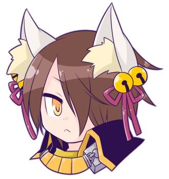 Rule 34 | 1boy, :<, animal ears, bell, black collar, brown hair, closed mouth, collar, commentary request, fox boy, fox ears, frown, hair bell, hair ornament, hair over one eye, hair ribbon, iyofika, jingle bell, looking at viewer, male focus, medium hair, portrait, ragnarok online, rebellion (ragnarok online), red ribbon, ribbon, simple background, solo, white background, yellow eyes