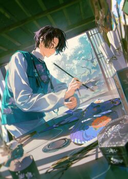 1boy blue_vest blurry blurry_foreground canvas_(object) chinese_clothes day hanfu highres holding holding_paintbrush indoors lattice long_sleeves male_focus original paint_palette paintbrush painting_(action) painting_(object) parted_bangs purple_hair short_hair solo sunlight tassel tree vest window xiaojiaju