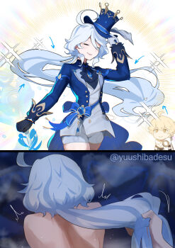 1boy 1girl absurdres aether_(genshin_impact) ascot asymmetrical_gloves blue_ascot blue_gemstone blue_hat blue_jacket cowlick furina_(genshin_impact) gem genshin_impact gloves grabbing_another&#039;s_hair hat hetero highres holding_another&#039;s_hair hydro_symbol_(genshin_impact) implied_sex jacket mismatched_gloves multicolored_hair paid_reward_available sex sex_from_behind streaked_hair top_hat yuushiba