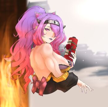 bare_back bare_shoulders blush breasts camilla_(fire_emblem) camilla_(ninja)_(fire_emblem) fire_emblem fire_emblem_fates fire_emblem_heroes flower hachimaki hair_over_one_eye headband heart heart-shaped_pupils japanese_clothes kimono large_breasts looking_at_viewer looking_back ninja nintendo official_alternate_costume one_eye_covered ponytail purple_eyes purple_hair purple_lips rose scroll sideboob symbol-shaped_pupils third-party_edit toned toned_female waitingforgames