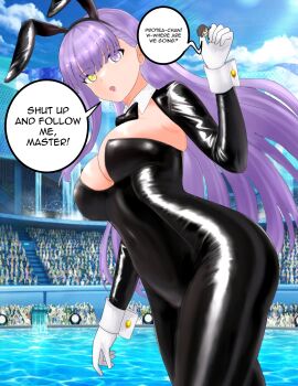 1girl animal_ears black_bodysuit black_hair black_ribbon bodysuit breasts center_opening cleavage covered_navel english_text fake_animal_ears fate/extra fate/extra_ccc fate/extra_ccc_fox_tail fate/grand_order fate_(series) fujimaru_ritsuka_(male) giant giantess gloves heterochromia highres holding_person kingprotea_(fate) large_breasts long_hair neck_ribbon no_bra open_mouth poolside purple_eyes purple_hair rabbit_ears raskasar ribbon speech_bubble water white_gloves wrist_cuffs yellow_eyes