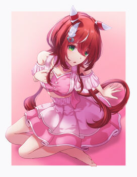 1girl animal_ears bare_shoulders barefoot blush breasts clothing_cutout commentary_request cropped_shirt detached_collar ear_covers ear_ornament feather_hair_ornament feathers green_eyes hair_between_eyes hair_ornament highres horse_ears horse_girl horse_tail layered_skirt long_hair looking_at_viewer low_twintails medium_breasts meni_shuki_rush-sshu! parted_lips pink_shirt pink_skirt red_hair rhea_zmzm shirt shoulder_cutout skirt solo tail twintails umamusume win_variation_(umamusume)