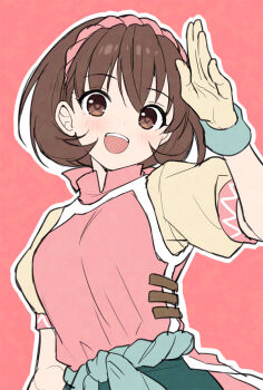 1girl :d arm_up blush breasts brown_eyes brown_hair brown_shirt gensou_suikoden hairband looking_at_viewer mauve medium_breasts nanami_(suikoden) open_mouth outline pink_background pink_hairband pink_shirt puffy_short_sleeves puffy_sleeves shirt short_sleeves simple_background smile solo tabard teeth upper_teeth_only white_outline