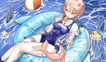 1girl ball beachball blush bob_cut breasts clothing_cutout collarbone dazed_pedler fish_tail food food_in_mouth from_above fuchsia_(abyssal_surfer)_(strinova) fuchsia_(strinova) hair_between_eyes hair_ornament hairclip highres hip_vent innertube jewelry looking_to_the_side medium_breasts nail_polish navel necklace ocean off_shoulder outdoors pink_eyes pink_hair popsicle popsicle_in_mouth rubber_duck shark_fin shark_tail shell shell_hair_ornament short_hair solo star_(symbol) star_hair_ornament strinova swim_ring swimsuit tail thigh_strap thighs water wet