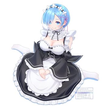 Rule 34 | 1girl, ameiroglass, apron, black dress, black ribbon, black sleeves, blue eyes, blue hair, blush, breasts, cleavage, closed mouth, commentary request, detached collar, detached sleeves, dress, flower knot, frilled dress, frilled sleeves, frills, from above, full body, hair ornament, hair over one eye, hair ribbon, highres, large breasts, long sleeves, looking at viewer, maid, maid headdress, neck ribbon, no shoes, pantyhose, pink ribbon, puffy sleeves, re:zero kara hajimeru isekai seikatsu, rem (re:zero), ribbon, ribbon trim, roswaal mansion maid uniform, short hair, simple background, sitting, smile, solo, waist apron, wariza, white apron, white background, white pantyhose, x hair ornament