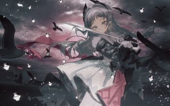 1girl absurdres animal arknights axleaki bird black_bird black_gloves chinese_commentary closed_mouth cloud cloudy_sky commentary commentary_request cowboy_shot earrings english_commentary gloves grey_eyes grey_hair highres holding holding_sword holding_weapon irene_(arknights) jewelry long_hair long_sleeves looking_at_viewer mixed-language_commentary pantyhose partial_commentary sky solo standing sword weapon white_pantyhose