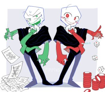 2boys black_pants blush_stickers commentary deltarune dice gloves green_eyes green_gloves green_necktie green_pippins highres mamesuke_77 multiple_boys necktie object_head open_mouth pants paper pippins_(deltarune) poker_chip red_eyes red_gloves red_necktie shirt smile symbol-only_commentary utdr_(toby_fox)