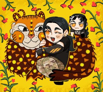 1girl 3rd_assault_brigade :3 abstract_background black_hair camouflage camouflage_pants character_doll chibi chibi_only deformed doll ear_piercing flower fumo_(doll) hanna_kovalchuk highres idi_nahui linyvets_chan looking_at_another one_eye_closed original pants piercing ponytail prosthesis prosthetic_arm sitting tiger ukraine woodland_camouflage yellow_eyes