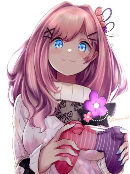 1girl :3 alternate_eye_color black_bow blue_eyes blue_nails blush bow breasts brown_hair closed_mouth commentary controller fingernails flower game_controller hair_flower hair_intakes hair_ornament hairclip highres holding holding_controller holding_game_controller large_breasts long_hair long_sleeves looking_at_viewer nail_polish nijisanji red_nails ribbed_sweater shippu_(fullpower) simple_background smile solo suzuhara_lulu suzuhara_lulu_(4th_costume) sweater turtleneck turtleneck_sweater twitter_username virtual_youtuber white_background white_sweater