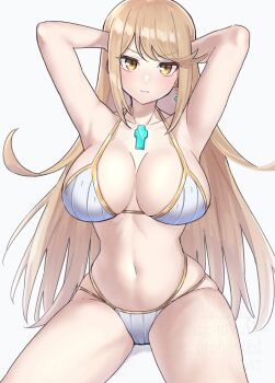 1girl alternate_costume arms_behind_head bikini blonde_hair breasts chest_jewel closed_mouth core_crystal_(xenoblade) cowboy_shot earrings gold_trim highres jewelry large_breasts long_hair looking_at_viewer mythra_(xenoblade) navel shinae simple_background solo stomach swimsuit very_long_hair white_background white_bikini xenoblade_chronicles_(series) xenoblade_chronicles_2 yellow_eyes