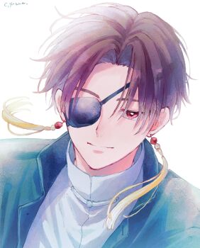 1boy commentary_request curtained_hair earrings eyepatch highres jewelry looking_at_viewer male_focus multicolored_hair one_eye_covered portrait rensyuuchou short_hair simple_background solo split-color_hair suo_hayato tassel tassel_earrings white_background wind_breaker_(nii_satoru)